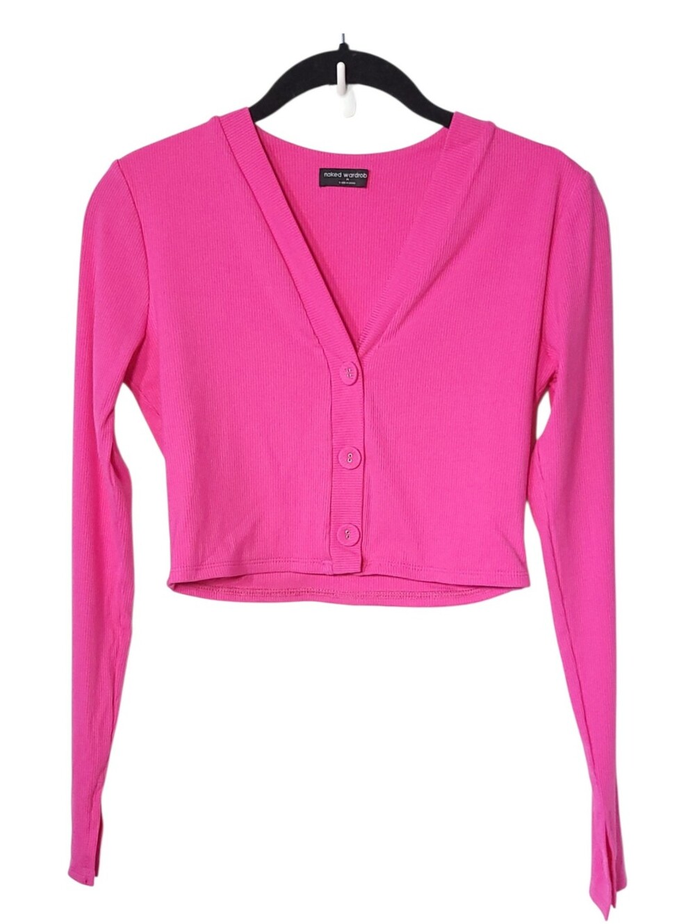 NWOT Naked Wardrobe Hot Pink Rib Crop Cardigan Dopamine Party Siren M